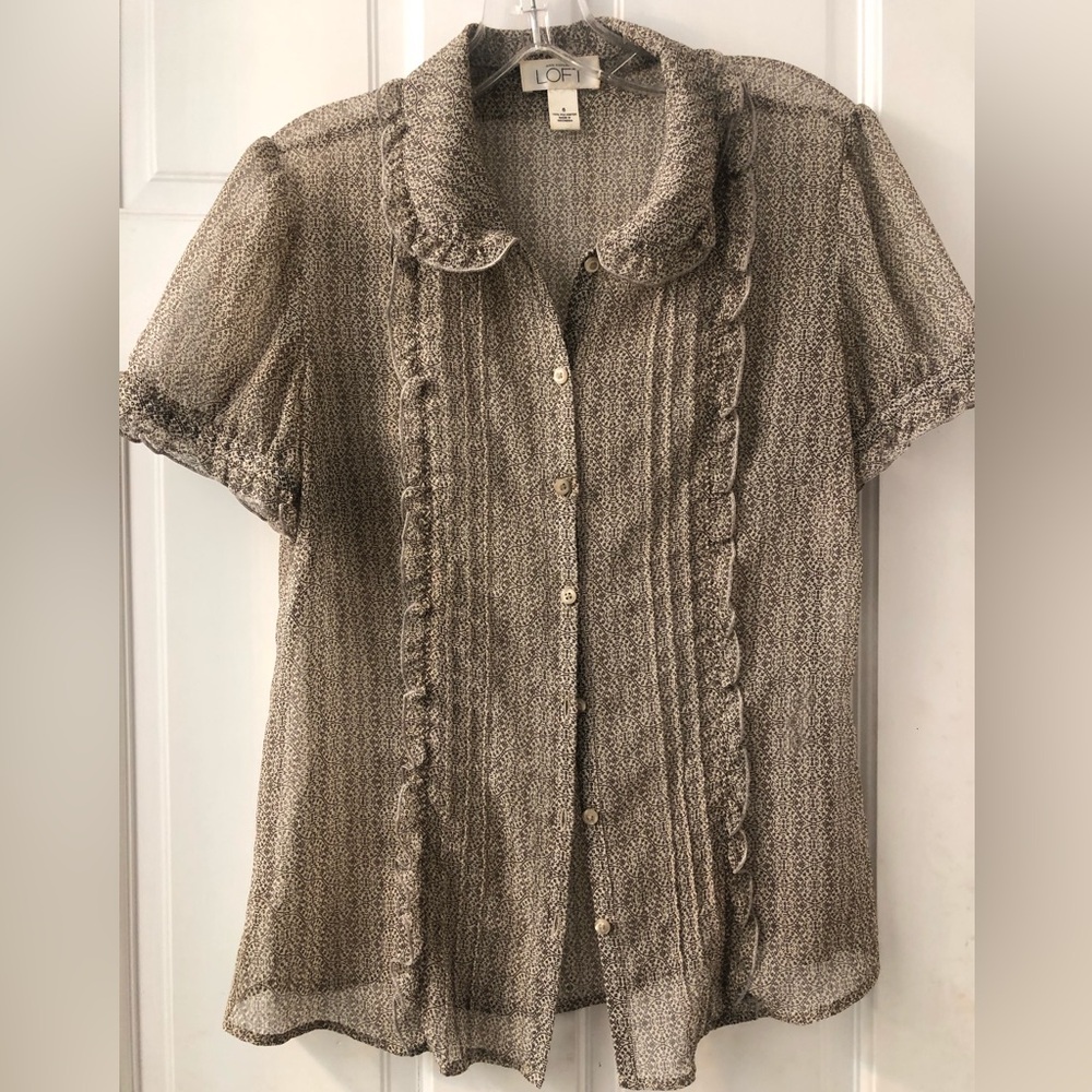 LOFT Short Sleeve Sheer Ruffle Button Down Blouse